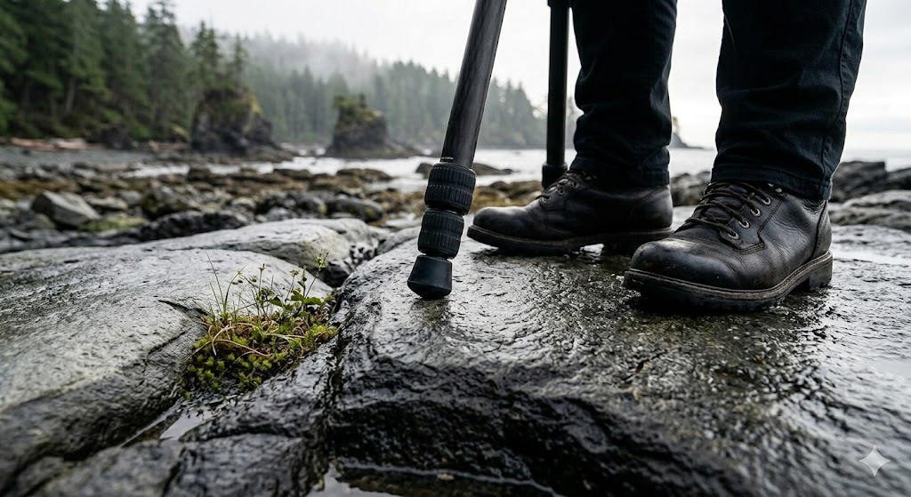 Camera tripod on durable rocky ground in BC