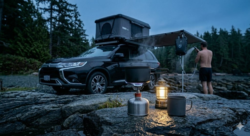 Mitsubishi Outlander GT camping in BC wilderness