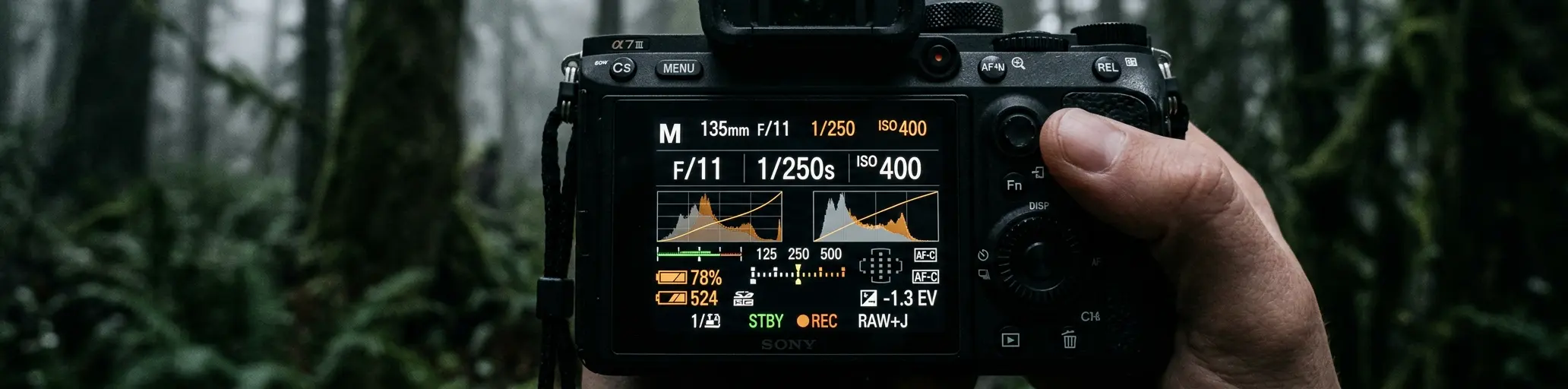 Alchemical Magic Formula on Digital Camera Screen - North Vancouver Misty Forest Panorama